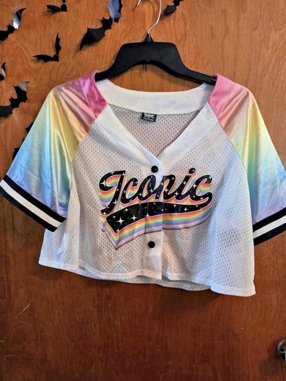 Spencer's Iconic Pride Cropped Jersey Color Block Baseball Jersey in White &